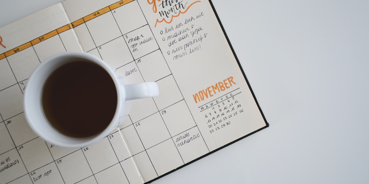 Desk with calendar and planning tools for project management